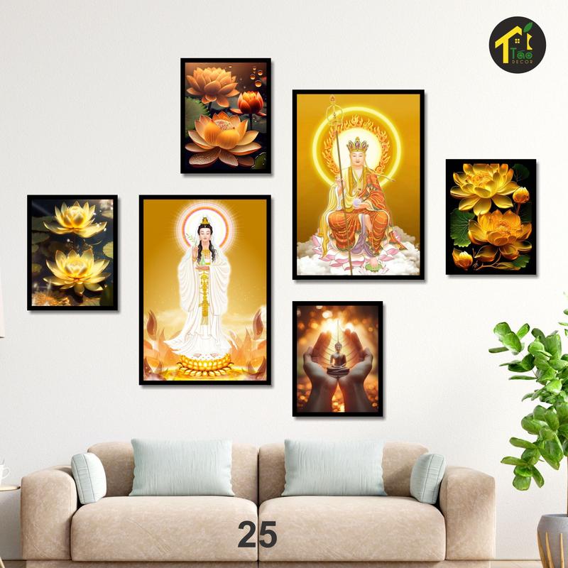 Set 6 tranh Địa Tạng và Quan Âm trang trí phòng thờ, phòng khách decor góc tu tập tại nhà, tranh dán tường kèm sẵn keo dính, tranh treo tường decor tường