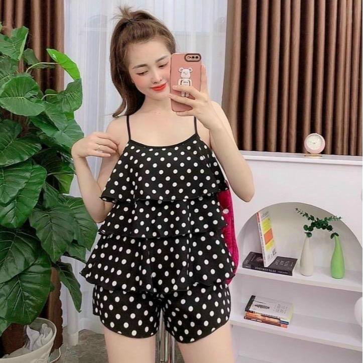 Bộ quần đùi áo hai dây vải lụa hàn hoạ tiết chấm bi kiểu dáng ba tầng LNS Nữ Women Top