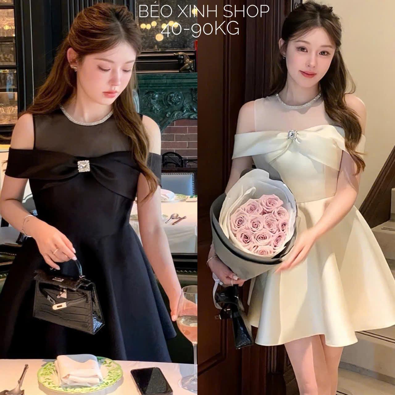 Đầm Dự Tiệc Thiết Kế Phối Voan Nơ ĐÍnh Đá (Vải TapTa) Cao Cấp Sang Trọng Cho Nàng Bigsize 40–90kg Béo Xinh Shop - A.1687
