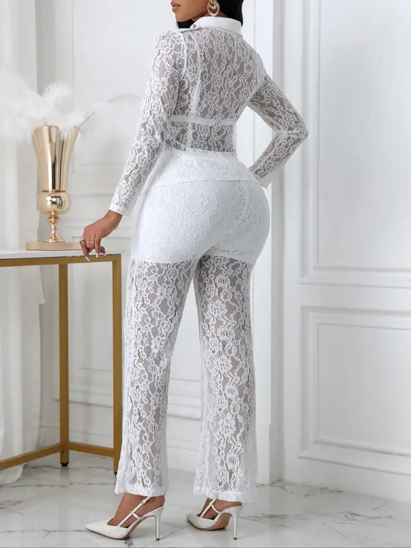 Women's Floral Lace Button Front Pocket Jacket & High Waist Pants Set, Elegant Sheer Long Sleeve Collared Top & Straight Leg Pants for Vacation Holiday Party, Ladies Clothes for All Seasons, Sassyclassyclothing, Co-ord Sets for Women 1