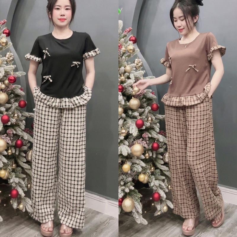 Sét bộ áo xoè bèo phối quần suông caro nhung thời trang  Women Nữ 0