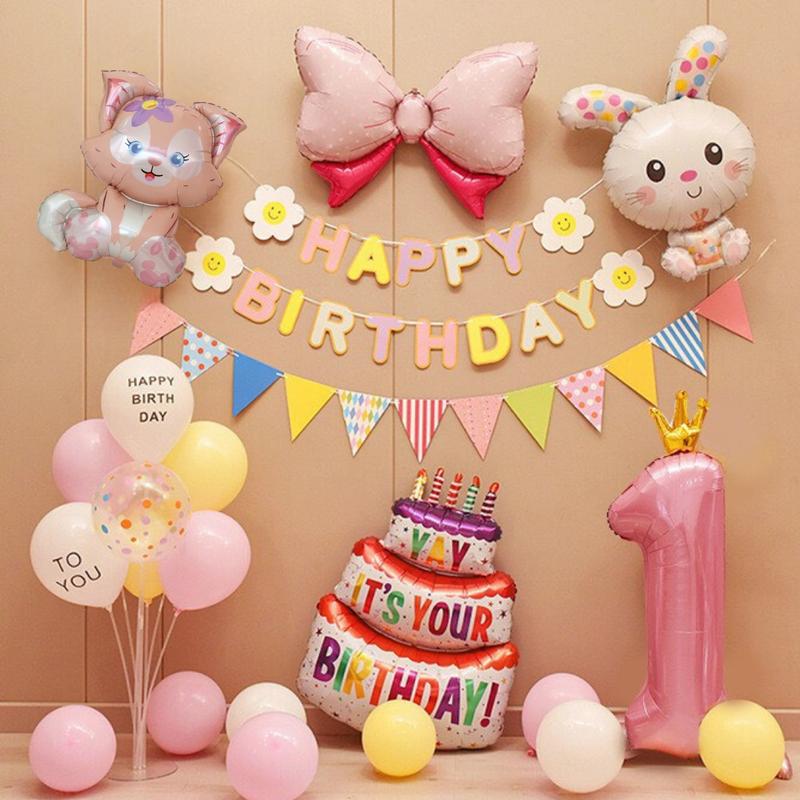 Set bóng bay trang trí sinh nhật cho bé gái chủ đề thỏ mèo dễ thương tặng kèm bơm tay băng dính TM3