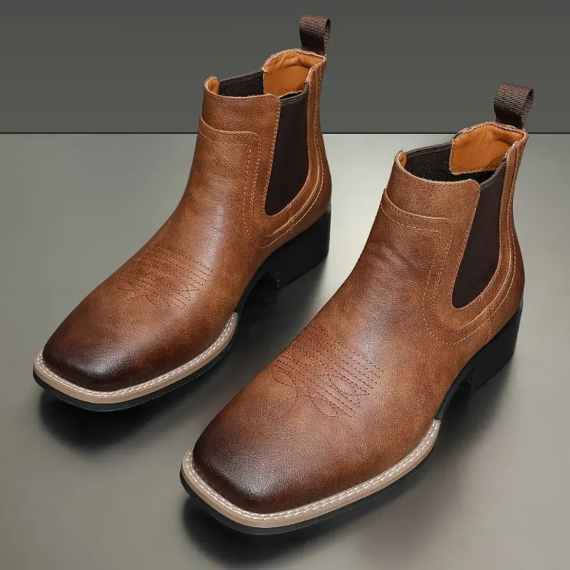 Men's Vintage Western Cowboy Boots, Square Toe Style Short Boots with Chunky Heel, Brown & Denim, Slip-On Design for Everyday Casual Wear, Yearround Boots | Vintage Cowboy Boots | Classic Stitching Design