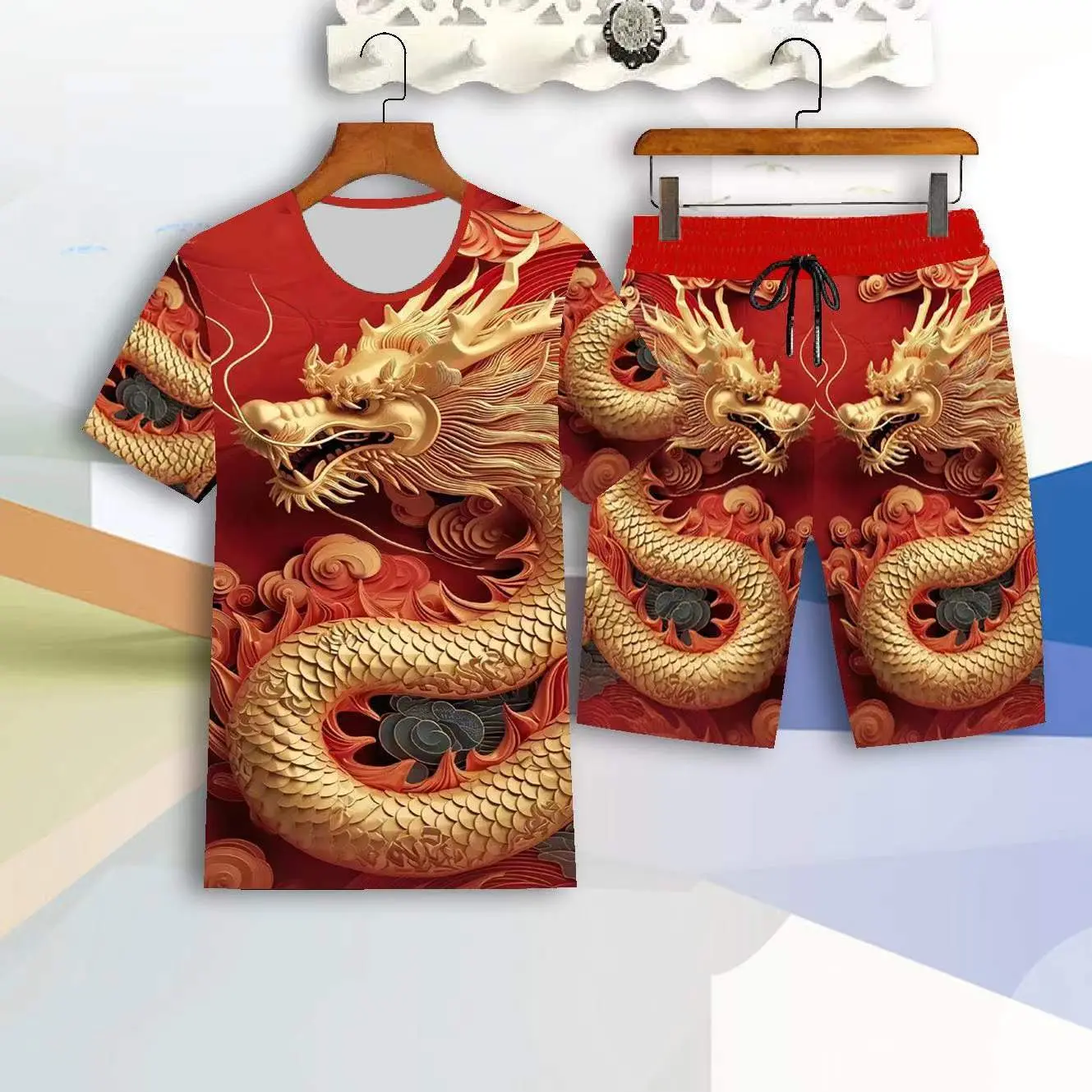 Bộ Đồ Nam, Thời Trang Trung Quốc, Hàng Mới Về Mùa Hè 2024, Quần Đùi, Áo Phông In Hình Dáng Rộng ngắn Tay, Họa Tiết Năm Rồng, Phong Cách Thường Ngày Và Đẹp Trai