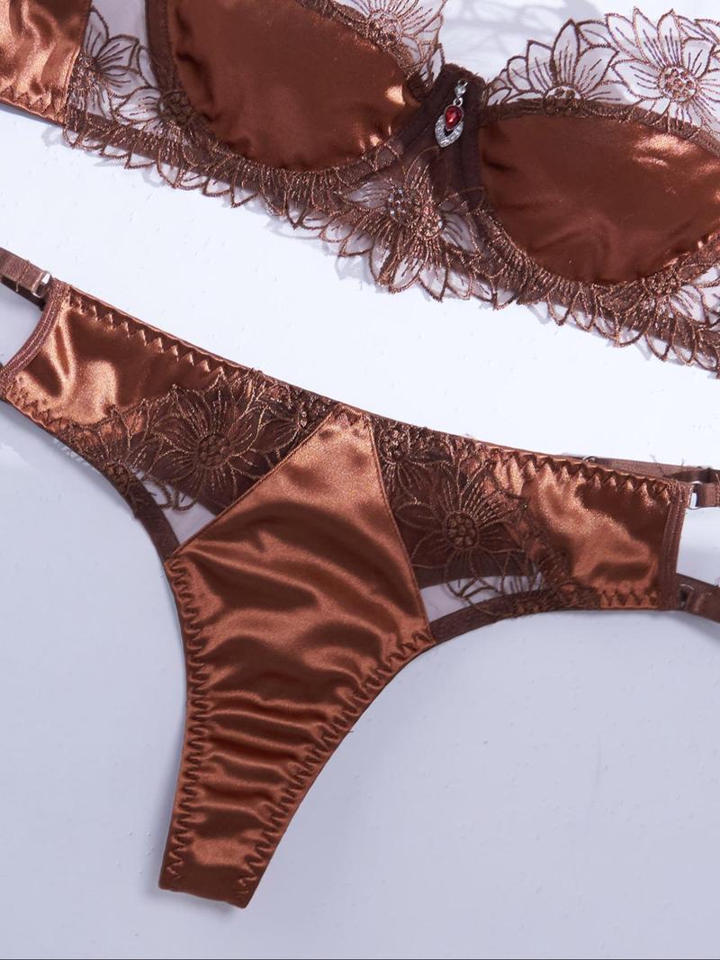 Product Introduction of Women's Plain Floral Embroidery Sheer Bra & Thong Lingerie Set, Adjustable Strap Bra & Panty Set, Lingerie Set for Women Womenswear Comfort 4