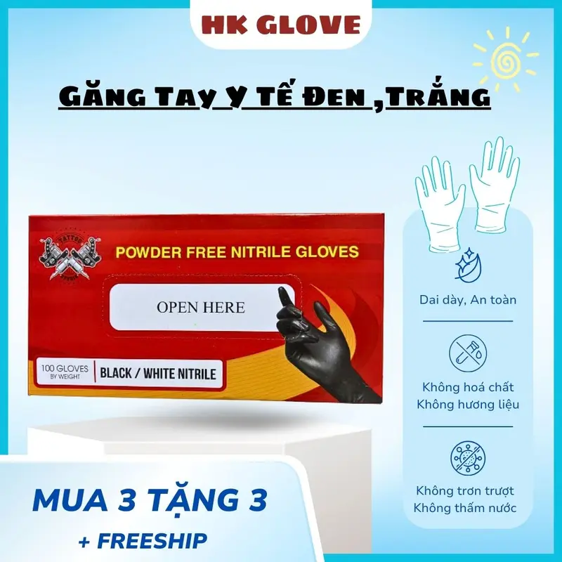 Găng tay y tế đen, Bao tay cao su không bột màu trắng, đen, khó rách, siêu dai, sử dụng tiện lợi Hộp 100 chiếc 0