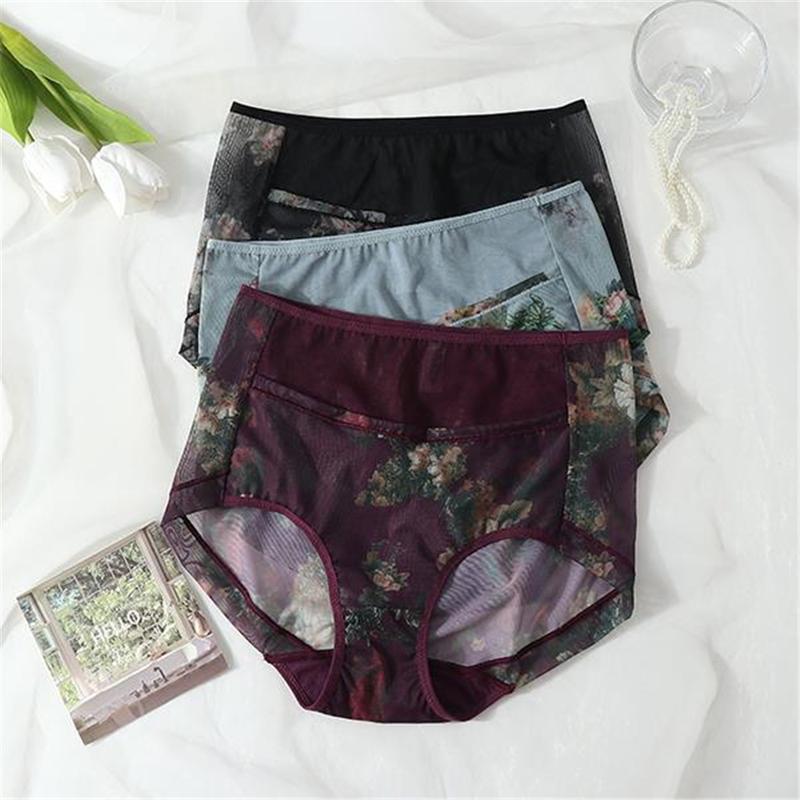 4 Pieces New Mesh Printed Comfortable Breathable Women's Underwear Skin-friendly High Waist Abdominal Pants (1pcs) DDUN 1