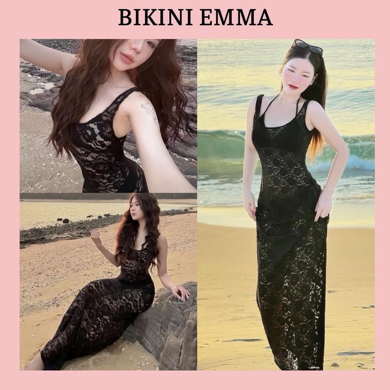 Set 3 Món Đầm Ren Đen EMMA Gồm Áo Bikini + Quần Chip + Đầm Lưới Dài Đen Chất Liệu Lưới Mềm Mịn Xuyên Thấu Phong Cách Quyến Rũ Nữ