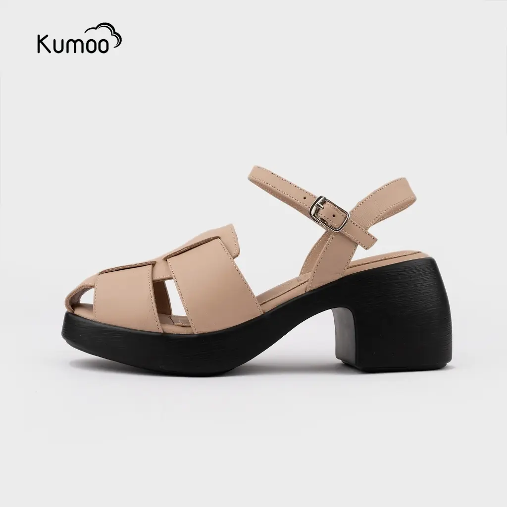 Sandal Cao Gót Nữ Kumoo Màu Nude Da Thật Hack Dáng Đế LugSole 7cm Thời Thượng SDCG-KUMO-010