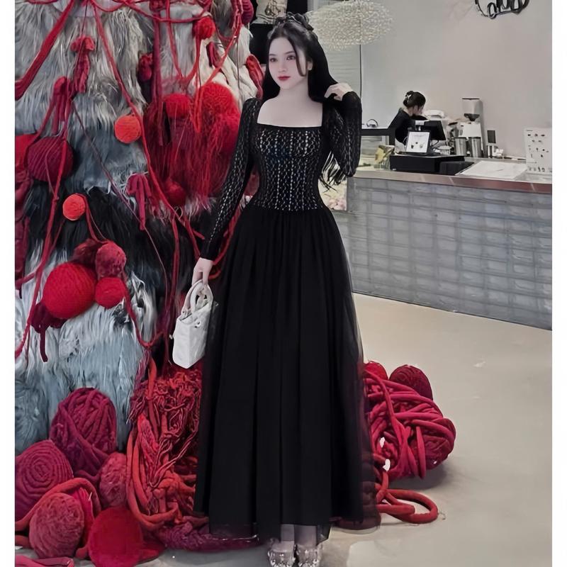 Đầm váy nữ len ren phối tùng lưới cổ vuông dài tay dáng dài xòe xinh xắn sang chảnh dành cho các nàng diện đi chơi,đi tiệc.  Women top 2