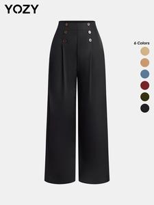 YOZY Women's Solid Fake Buttons Plicated Wide Leg Pants, Elegant High Waist Trousers for Work Office Business, Ladies Bottoms for All Seasons, Valentine's Day Gift for Girl