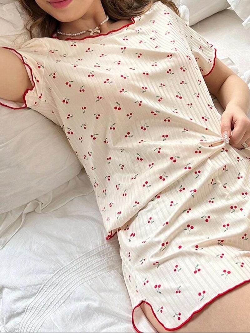 Product Introduction of Women's All Over Cherry Print Lettuce Trim Round Neck Tee & Elastic Waist Shorts Pyjama Two-Piece Set, Casual Comfy Crew Neck Short Sleeve T-shirt & Curved Hem Shorts PJ Set, Ladies Summer Sleepwear 6