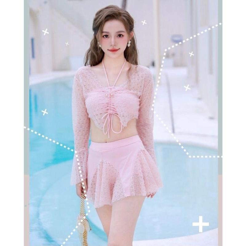 HOT 2024 Sét đi biển 3 chi tiết chân váy xòe kín đáo kèm áo choàng ren Nhung Kem Nữ Women 3