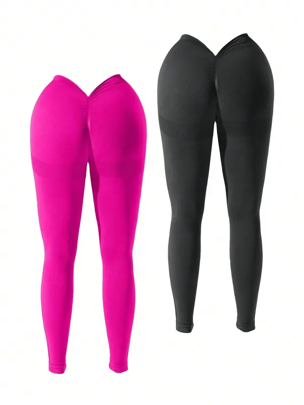Women's Solid V-Cut Ruched High Waist Sports Leggings, High Stretch Scrunch Butt Yoga Tummy Control Leggings, Gym Clothes, Ladies Sportswear for Indoor Outdoor Wear 6
