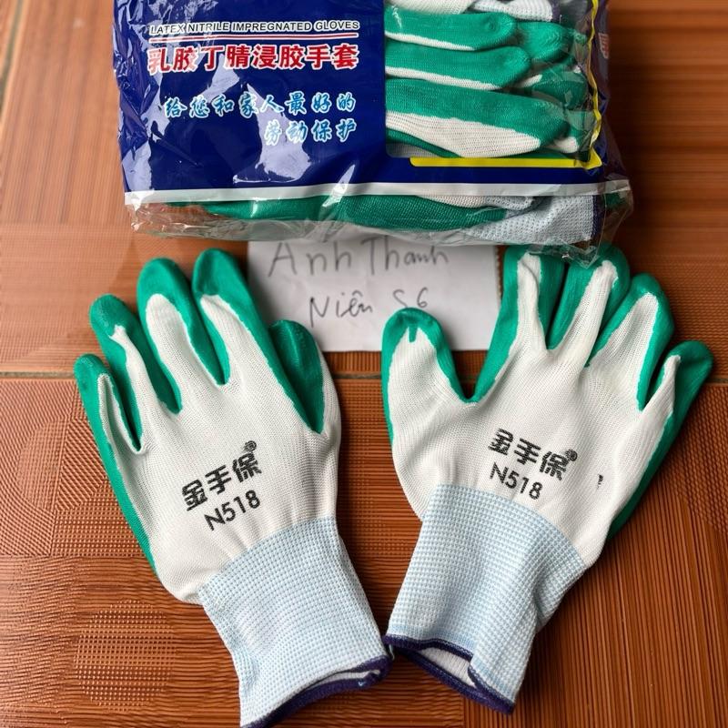 Sét 12 đôi găng tay Phủ Sơn Màu Xanh Lá mã 518 hàng phổ thông cho mọi người làm việc lao động