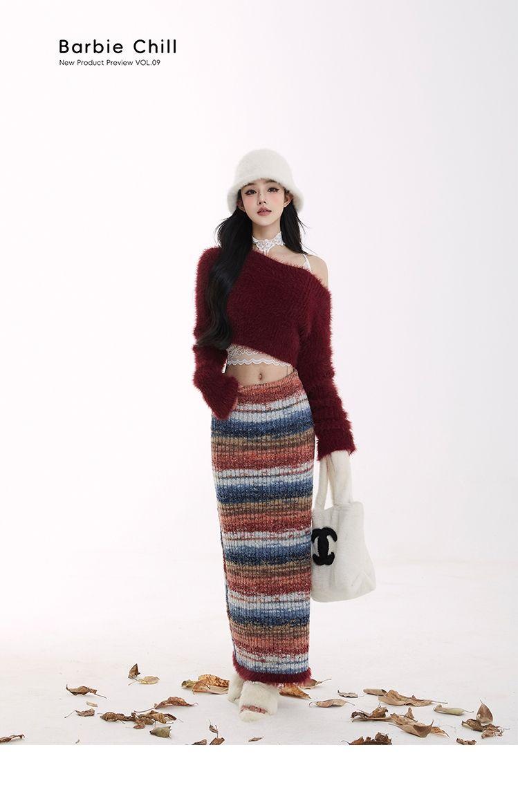Product Introduction of Váy Len Barbie Dì, Dành Cho Nữ, Bộ Sưu Tập Thu Đông, Hàng Mới Về, Màu Tương Phản, Sọc Tua Rua, Váy Midi, Váy Bodycon, Năm 2024 Women váy  sườn Thun 4