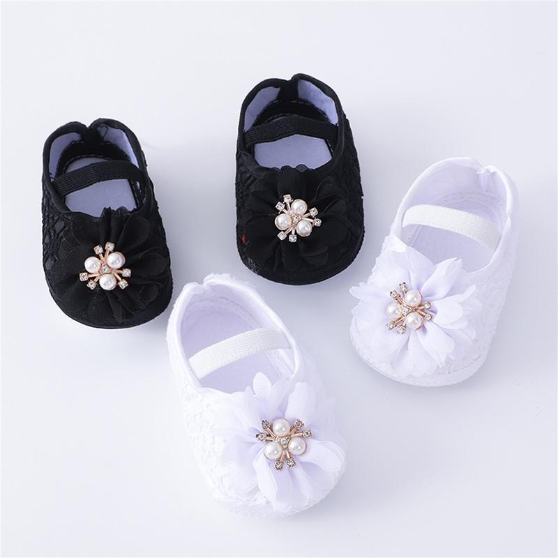 Product Introduction of Baby Girls Flats and Headband Soft Sole Non-slip Pearl Flower Princess Wedding Dress Walking Shoes for Newborn 39