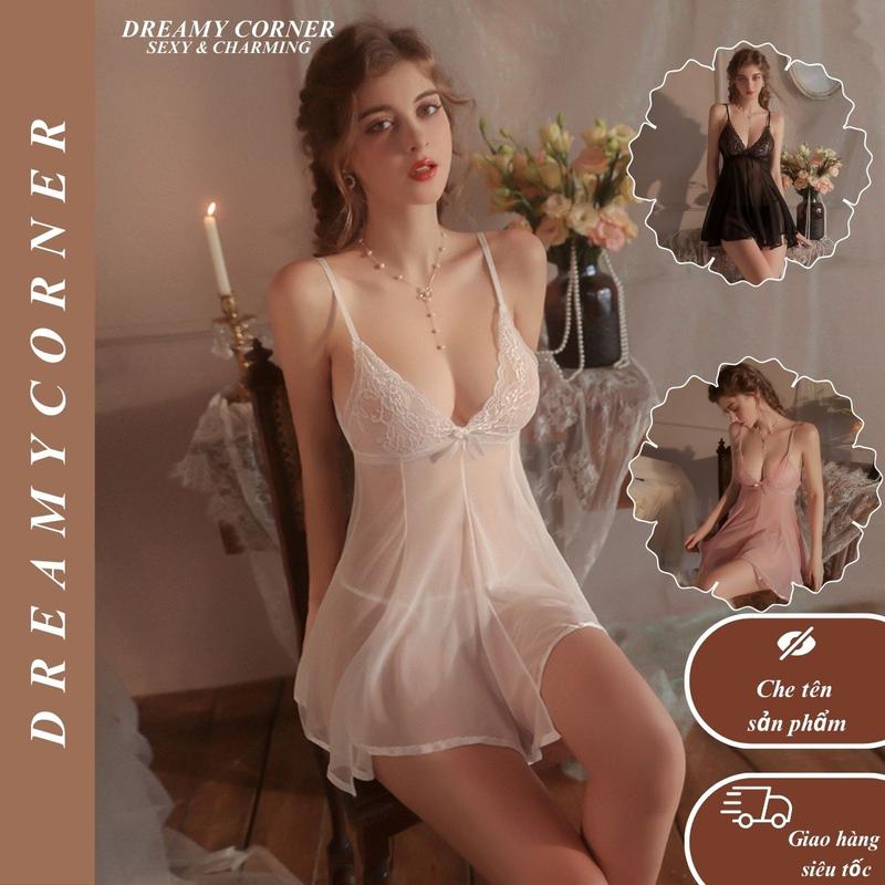  Váy ngủ sexy ren xuyên thấu kèm chip váy hở lưng váy thắt nơ gợi cảm DN99 Đầm ngủ nữ 2 dây 
