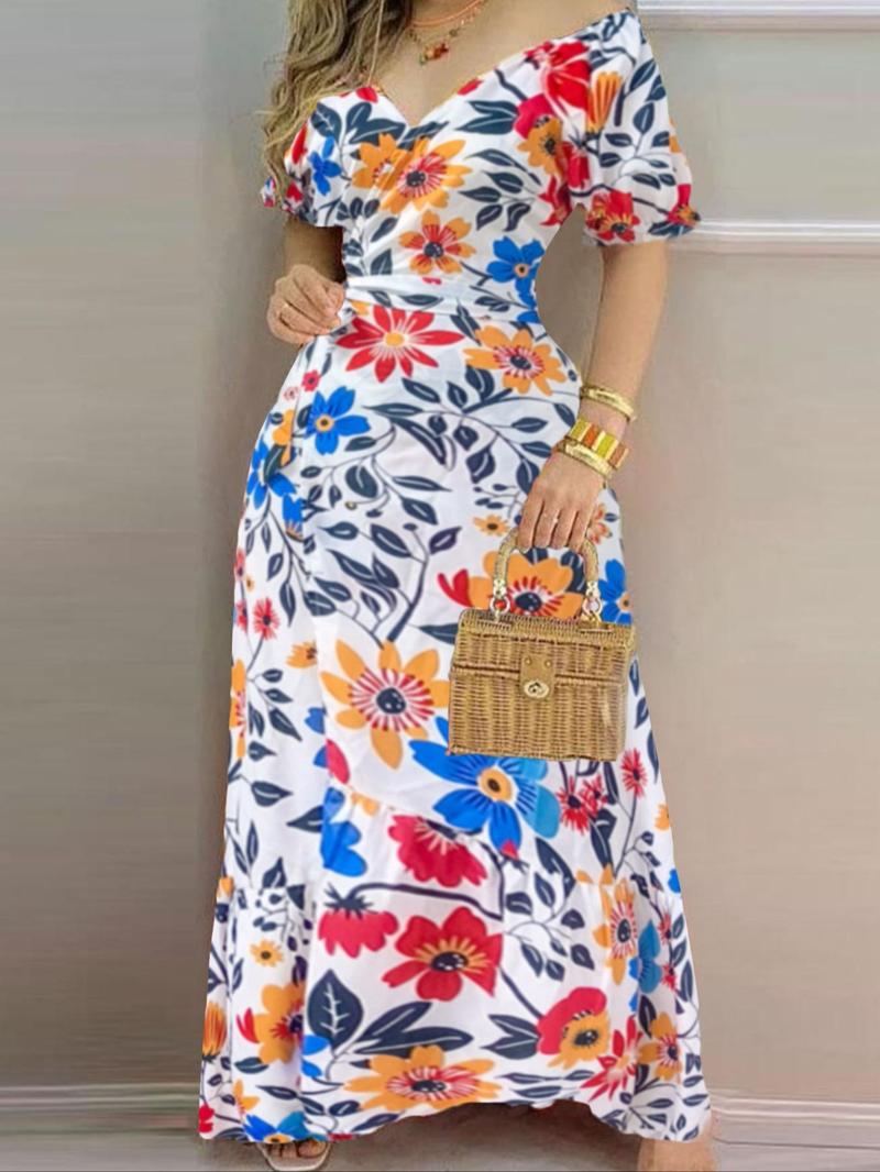 Product Introduction of Women's  Floral Print Belted  Dress, Boho Fashion Casual Flounce Sleeve Dress for Daily Holiday Vacation Wear, Ladies Dress for Summer 1