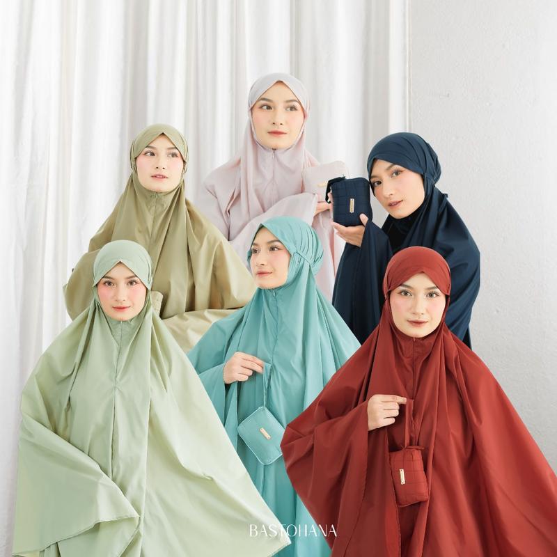 Bastohana Harumi Prayer Set 2in1 Mukena Travel Ibu kost Premium Parasut Korea Adem Lembut Praktis Mini Polos Pouch Sajadah 0