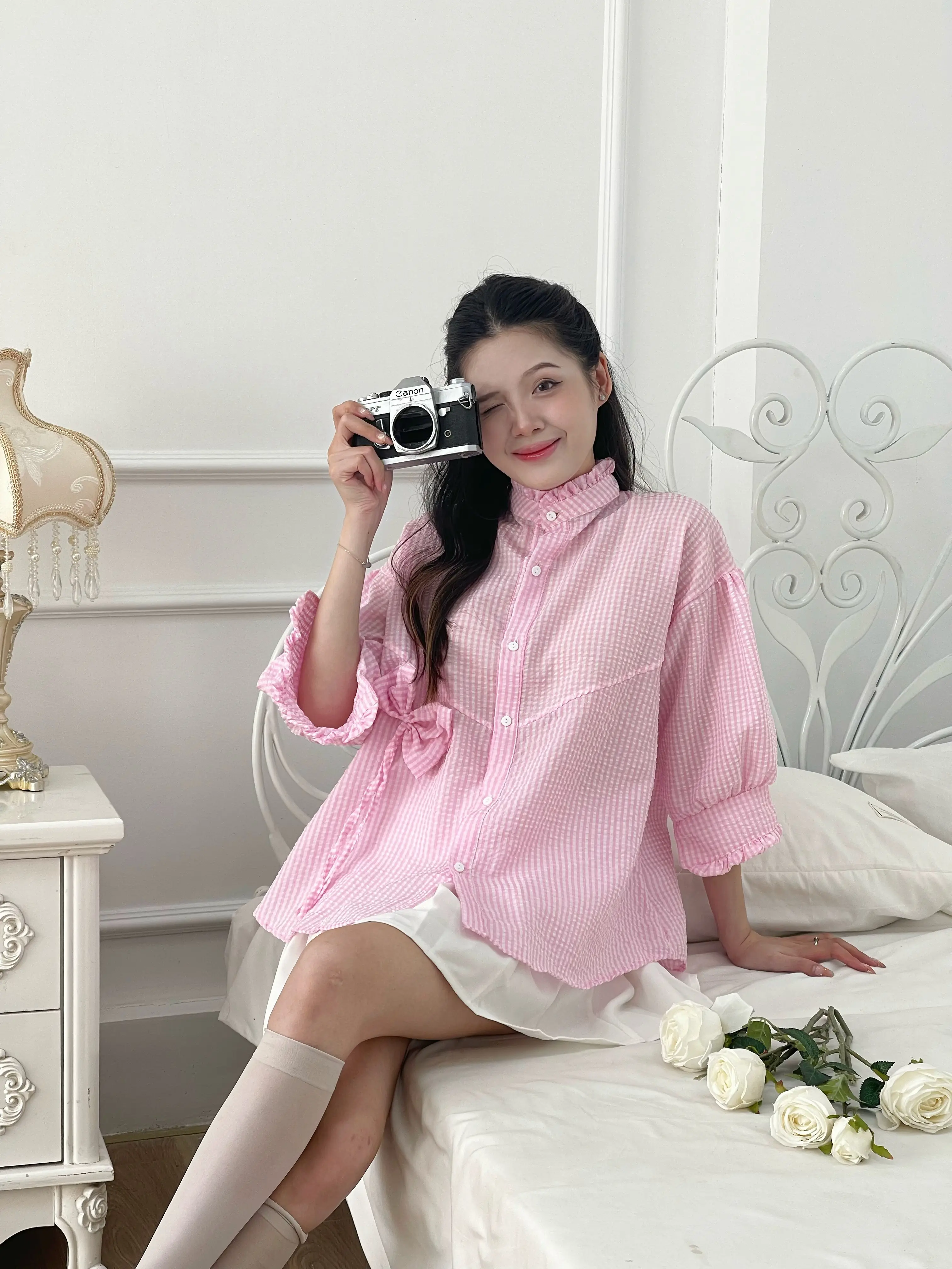 [ A14 ] Áo sơ mi tay lỡ cổ tàu Qiho Nữ Women