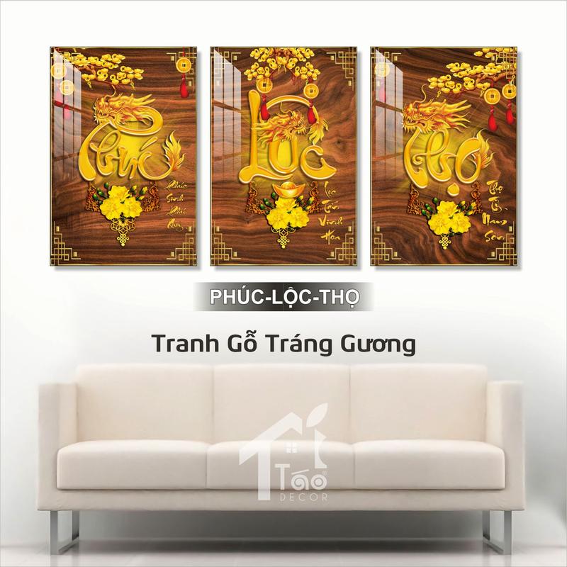 Bộ 3 bức tranh gỗ Phúc - Lộc - Thọ kt 40x60 trang trí phòng khách, quà tăng Tết, trang trí nhà cửa quà tặng Tân Gia kèm đinh móc, tráng bóng dễ lau chùi.