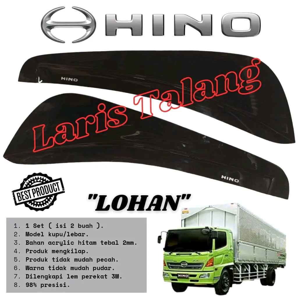 Talang Air Pintu Mobil HINO Lohan Model Lebar/Kupu-Kupu - Bahan Acrylic Tebal 2mm & Dilengkapi dengan Penutup Lem Double Tape 3m Terbaik Car
