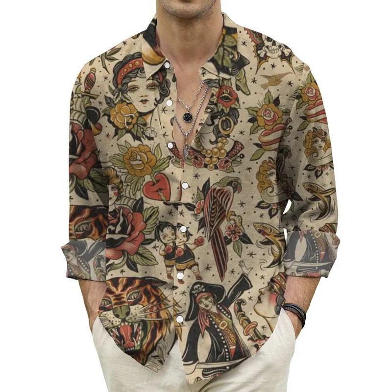 Men's Vintage Animal Print Long Sleeve Shirt 2023 Fashion Design Luxury Long Sleeve Tops Men's Four Seasons Button Lapel Shirt Menswear Lingerie 2