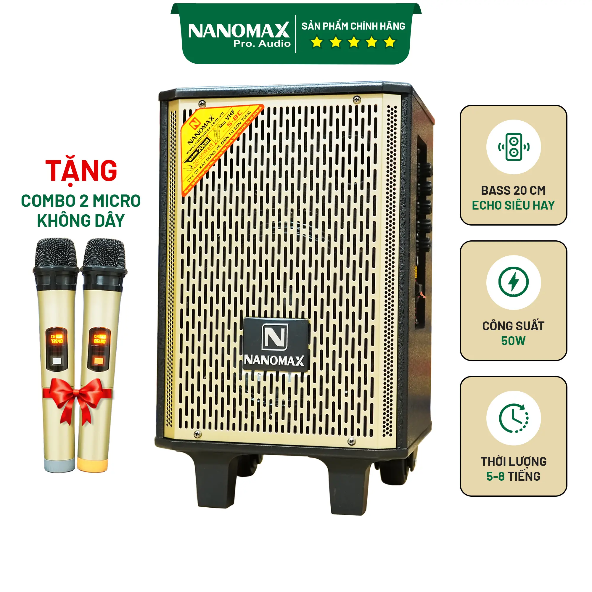 Loa Kéo Karaoke Mini Bluetooth Nanomax S-8C Bass 20cm Công Suất 50w Có Đọc USB Thẻ Nhớ