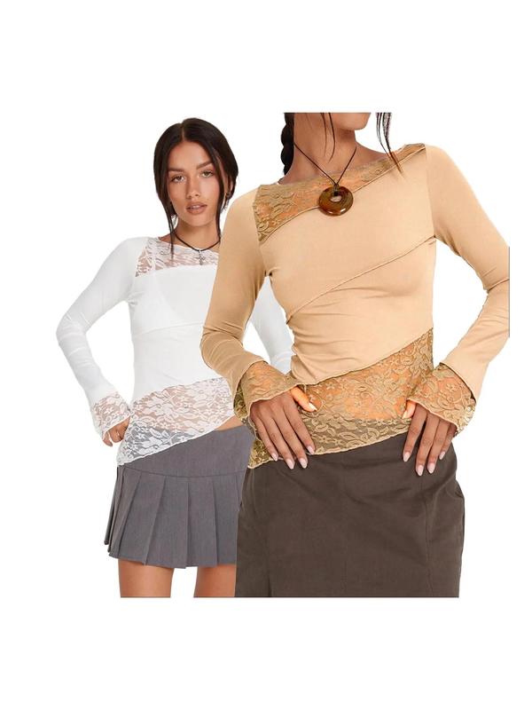 Women's Asymmetrical Hem Long Sleeve Contrast Lace Sheer Boat Neck Tee, Summer Tops, Comfort Womenswear, Minimalist Lady Top, Fashion Casual Fitted Flounce Sleeve T-shirt for Spring & Fall, Holiday Outfits, Women's Clothing for Daily Outdoor Wear 6