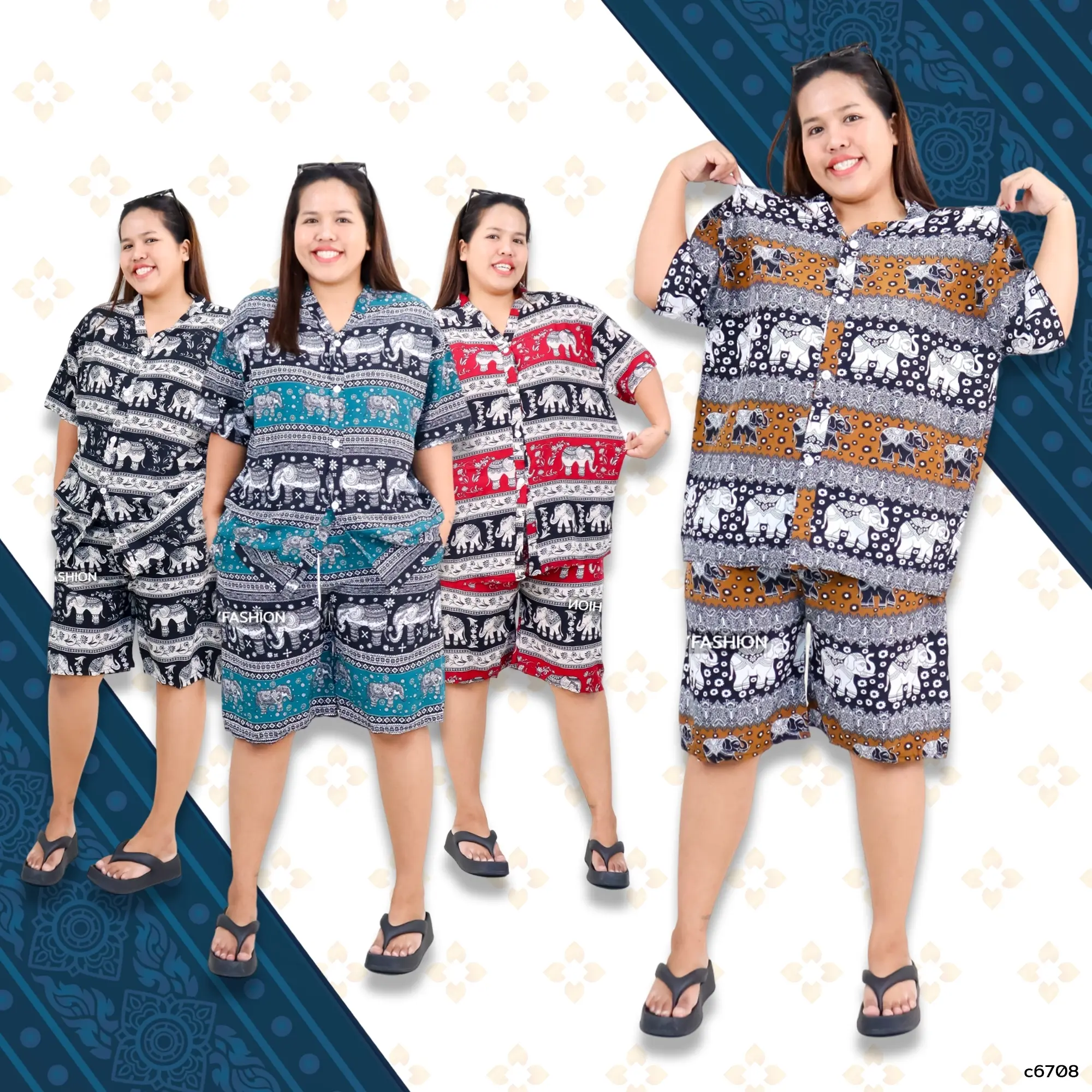 ชุดเซ็ท ไซส์ใหญ่ ลายช้าง เสื้อคอจีน แขนสั้น กระดุมหน้า กางเกง ขาสั้น พิมพ์ลาย ผ้าไหมอิตาลี ผ้าไม่ยืด ระบายอากาศได้ดี ใส่ได้ทั้งหญิงและชาย c6708#