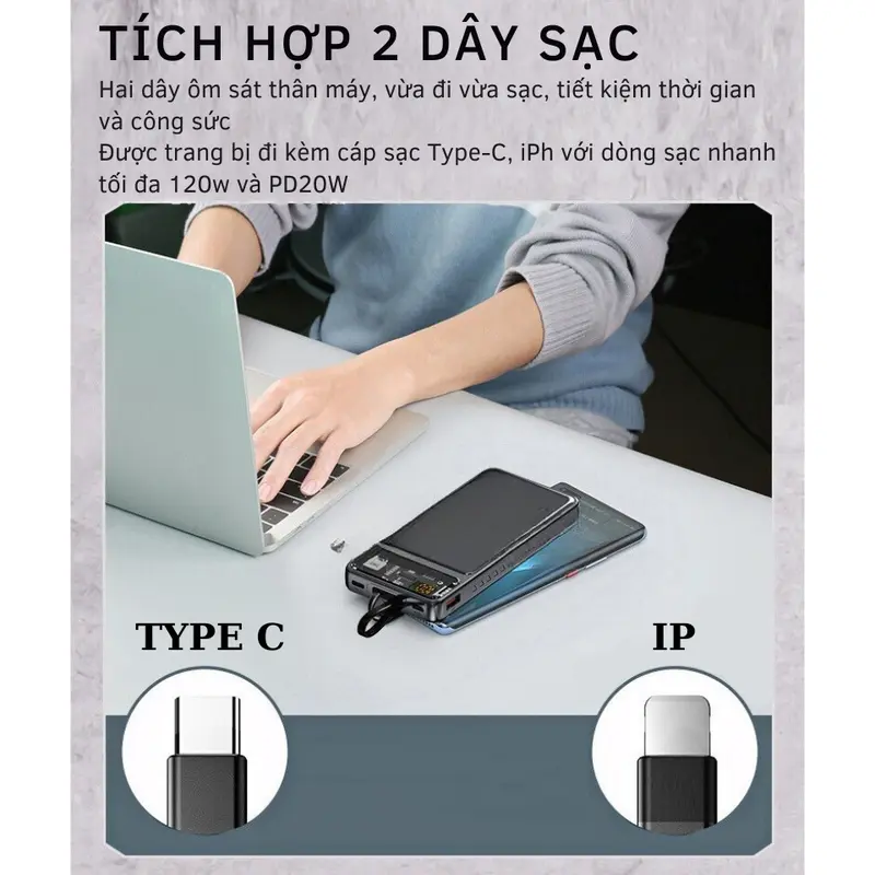 [Tặng Cáp Sạc Nhanh 4in1] Sạc Dự Phòng 30000mmAh, Công Suất 120W, Hỗ Trợ Sạc Nhanh 22.5w và PD 20W, Tích Hợp Dây Sạc Và Màn Hình LED Hiển Thị Phần Trăm Pin 6