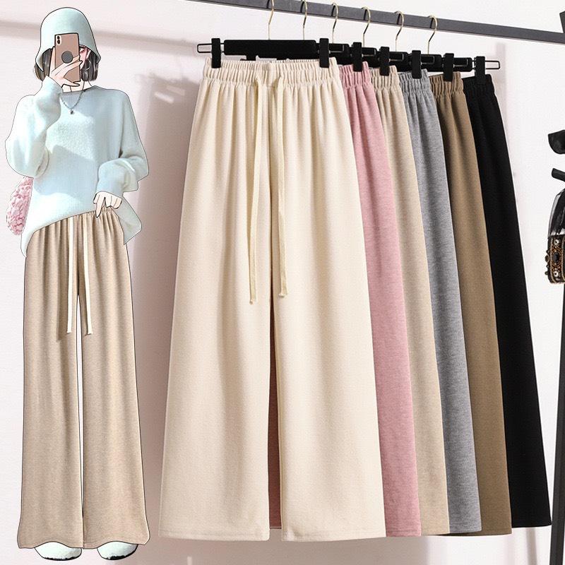 COMBO 2 QUẦN NỈ Quần Ống Rộng Chất Nỉ Tăm Ép Dáng Suông Cạp Chun Có Dây Điều Chỉnh Meily - Đen Hồng phấn Nâu nhạt Be Xám - Nữ Women