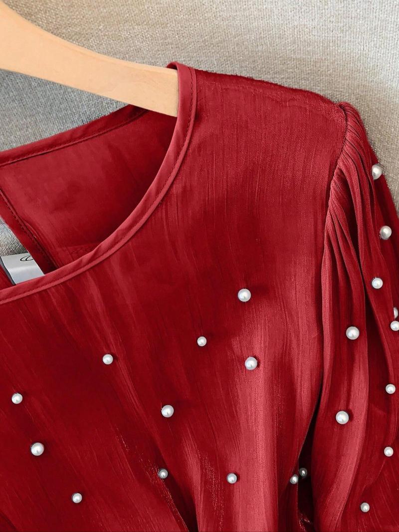 Product Introduction of Women's Glitter Faux Pearl Decor Crew Neck Blouse, Elegant Fashion Casual Long Sleeve Top for Daily Outdoor Wear, Women Clothing for Spring 7
