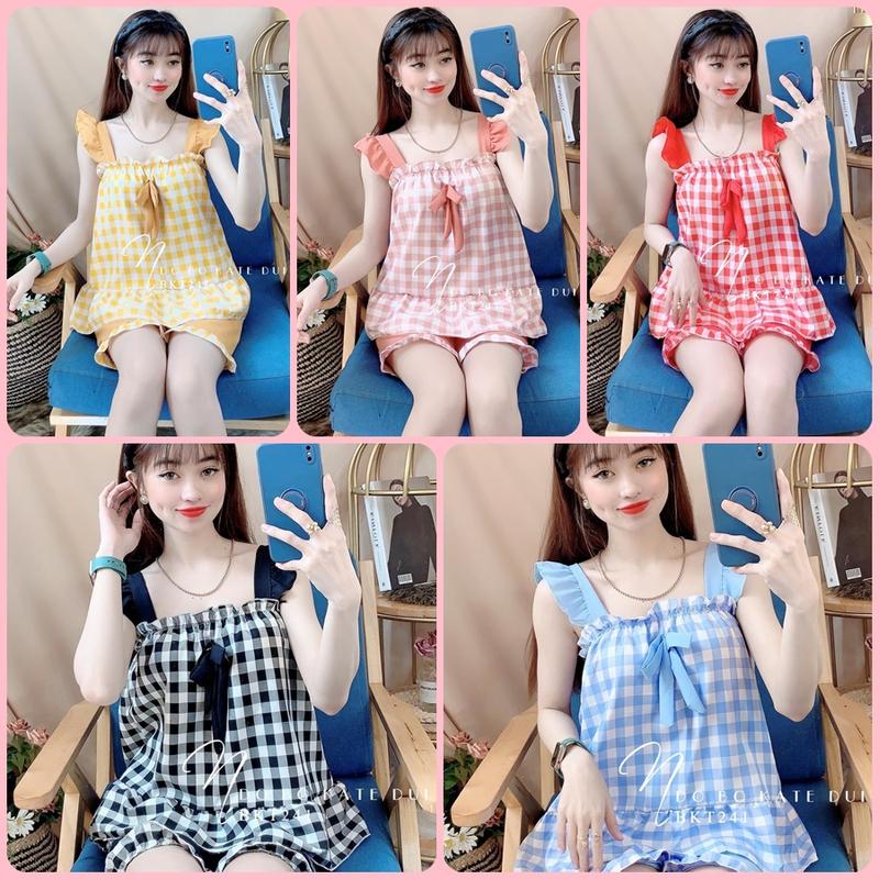 Đồ bộ LỤA HÀN size <57kg quần ngắn áo cánh tiên phối nơ nhún xinh xắn chất liệu vải lụa hàn mềm mại caro Mùa hè Women Nữ Voi