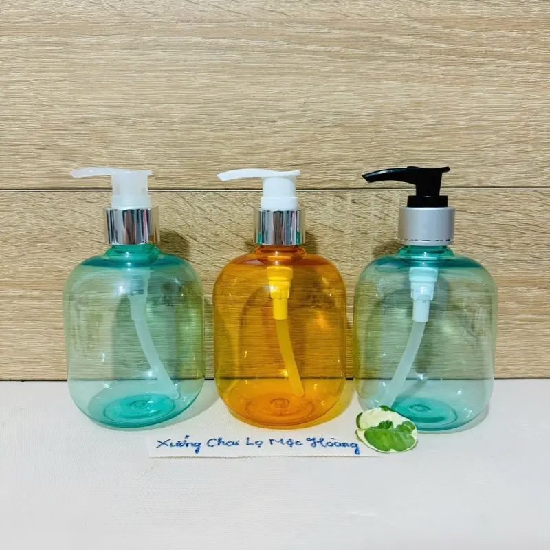 Chai lọ nhựa 300ml Tròn Lùn màu Xanh Ngọc/Cam Trong - Vòi nhấn cao cấp đủ loại -Khóa Vàng-Nắp Bật 2
