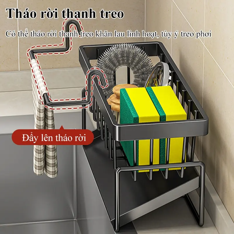 Kệ để đồ rửa chén bát, Giá đựng đồ rửa bát chất liệu thép không gỉ tích hợp giá treo khăn tiện lợi 4