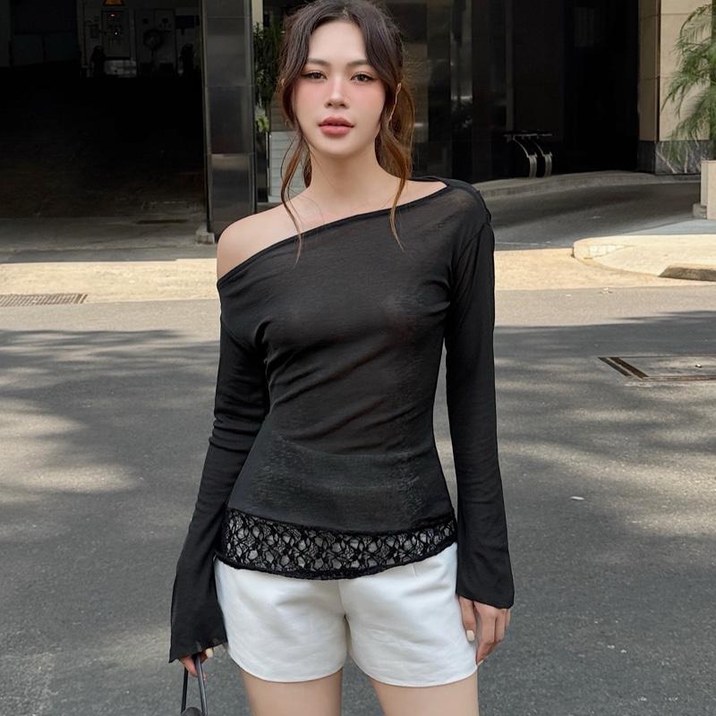 Áo trễ vai tay dài dang ôm phối ren bigsize k4 trắng/đen_Orimi