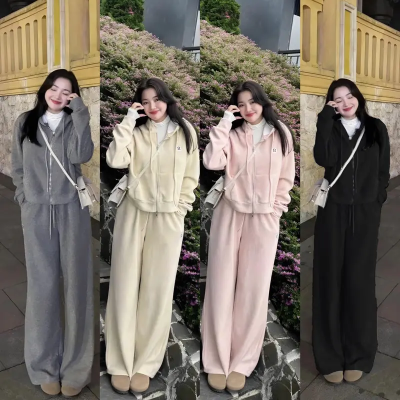 Set Bộ Đồ Nữ Áo Dài Tay Khoá Kéo Logo Trước Mix Quần Dài Ống Xuông Chất Len Lông Thỏ - Hà Mi Studio SB 133 0