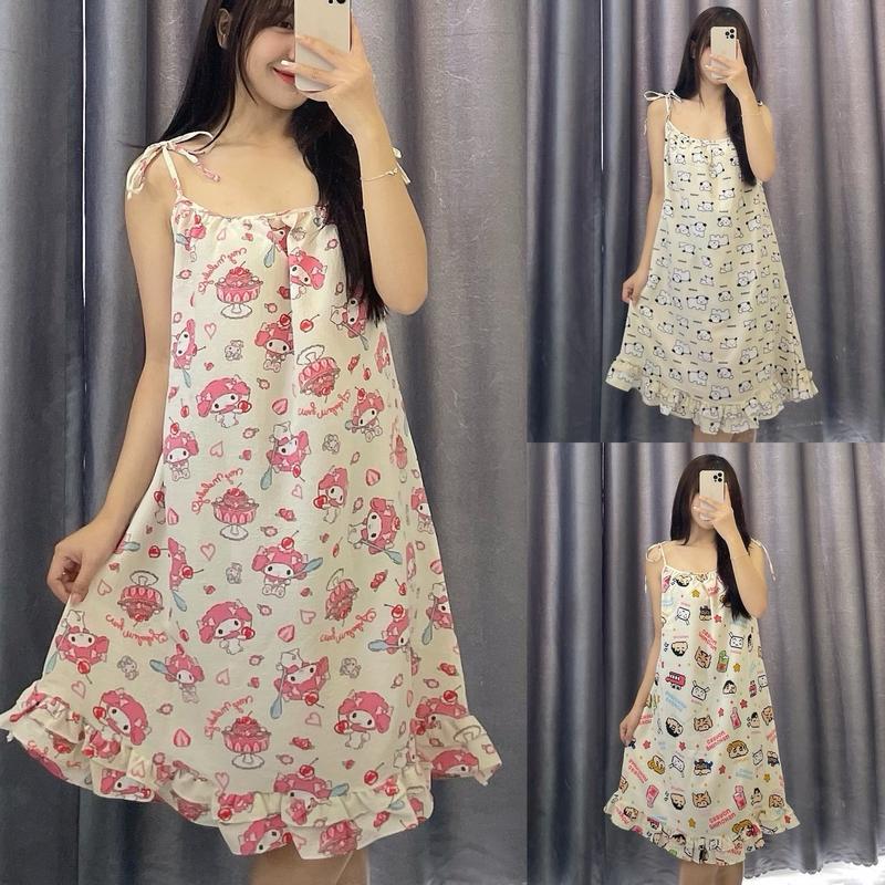 Đầm ngủ hai dây cột nơ mùa hè dáng suông nhiều họa tiết dễ thương vải đũi xốp mềm thoáng mát