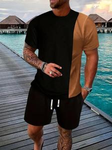 Two-Piece Set Men's Colorblock Short Sleeve Tee & Plain Drawstring Waist Shorts, Regular Fit Round Neck T-shirt & Pocket Shorts, Casual Summer Clothes for Men