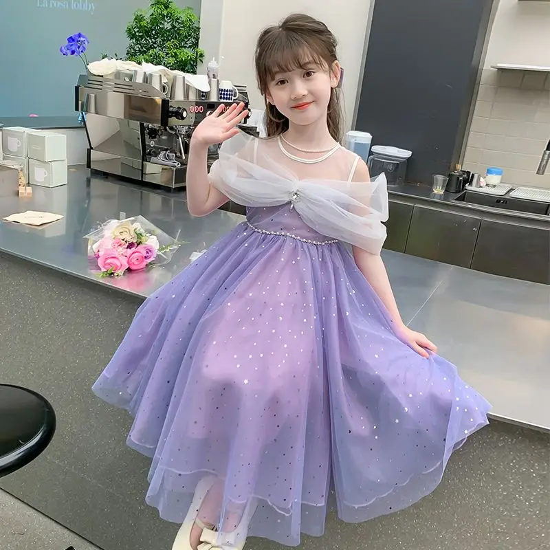2024 Summer New Girls' Cold-Shoulder Mesh Princess Dress Aisha Sequined Tulle Tutu Dress Birthday 61 Dress