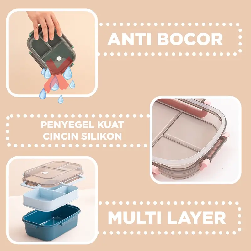 Eatkit Set Tempat Makan 2 Tingkat 3 Sekat Anti Tumpah Eatkit I Lunch Box Susun dengan Sendok Garpu I Bpa Free Kitchenware - Hijau kotak 5