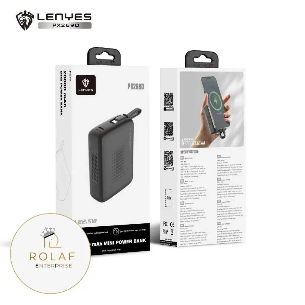 LENYES PX269D Mini Powerbank 20000mAh Fast Charging 22.5W Built In Cable Type C Output Power Bank Portable