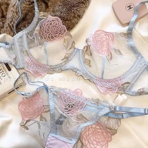 Bộ Áo Ngực Và Quần Lót Ren Thêu, Phong Cách Pháp, Dành Cho Nữ, Kiểu Mỏng, Nhỏ Trong Suốt Và Thoáng Khí, Vòng Thép Mềm, Tính Năng Nâng Ngực