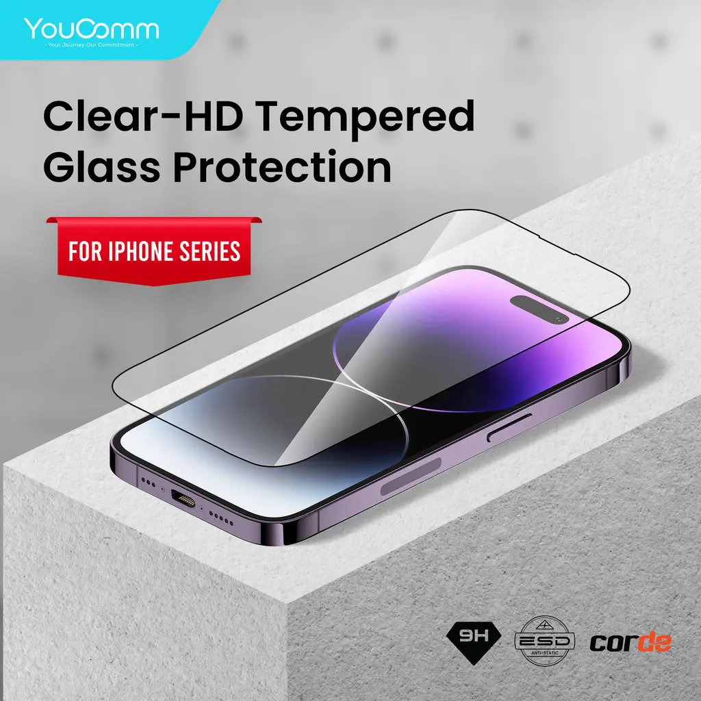 YOUCOMM Tempered Glass iPhone 16/15/14/13/12/11/X XR XS Max Pro CLEAR-HD – FULL COVER Jernih Maksimal, Perlindungan Total!