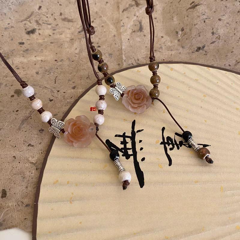 Chinese Ceramic Rose Necklace - Adjustable Long Chain Neo-Traditional Braided Collarbone Necklaces for Romantic Style 1