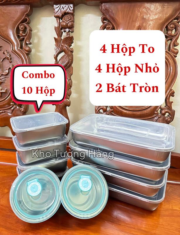 Bộ 10 Hộp Inox Gồm 4 Khay To + 4 Khay Nhỏ Đựng Thực Phẩm Có Nắp Đậy Inox 304 +2 Bát Tròn Có Gioăng Silicon Đựng Đồ Ăn Tiện Lợi