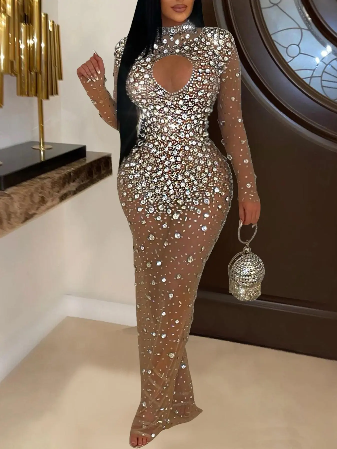 Women's Rhinestone Decor Zipper Back Sheer Tulle Bodycon Dress, Elegant Mock Neck Long Sleeve Maxi Dress for Party, Dresses for Women, Ladies Fall Clothes Valentine's Day, Wedding Guest Dresses, Holiday Dresses