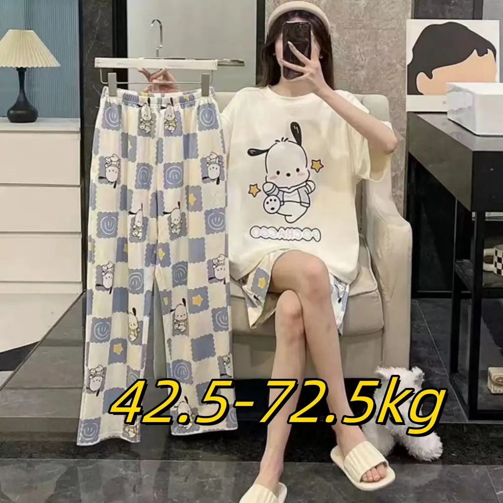 3Pcs Cute Pajamas Set Female Short-Sleeved Long Trousers Cartoon Pattern Homewear College Style Comfortable Sleepwear For Girls
